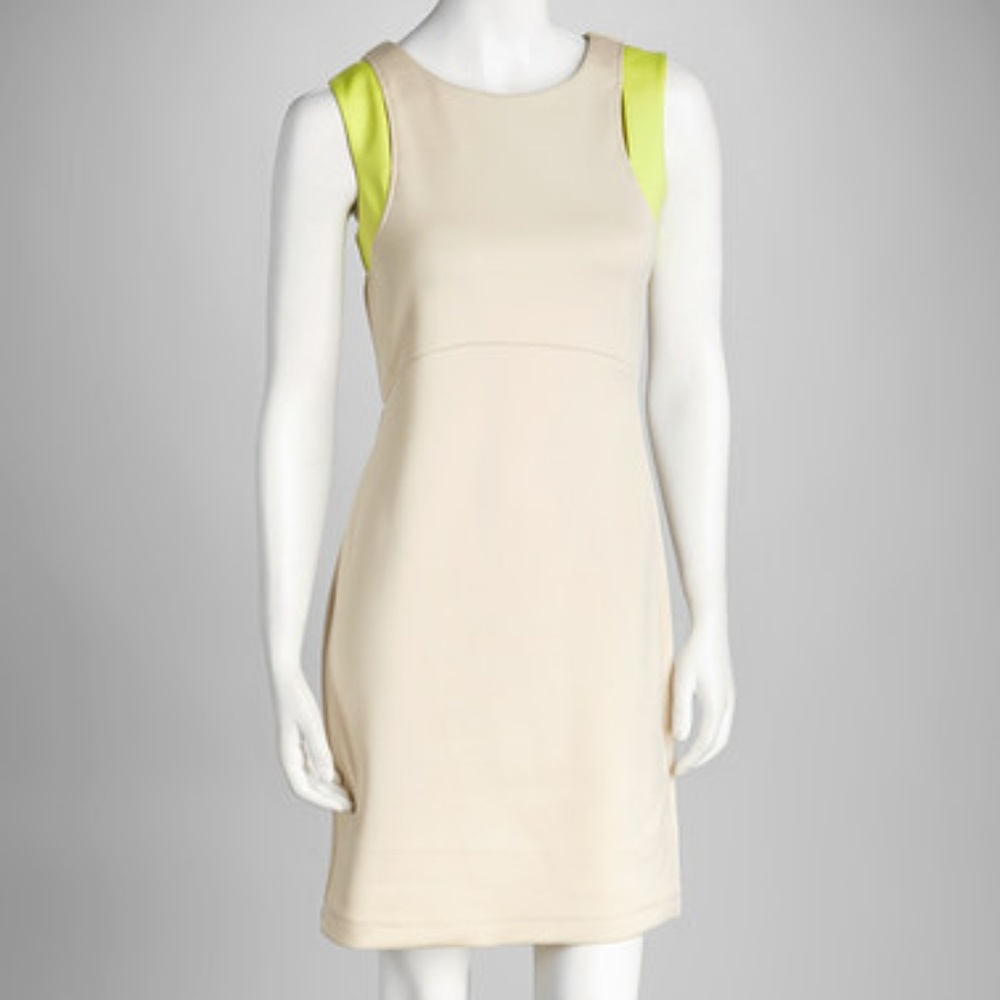 SHARAGANO Cutout & Colorblock Dress Beige/Lime